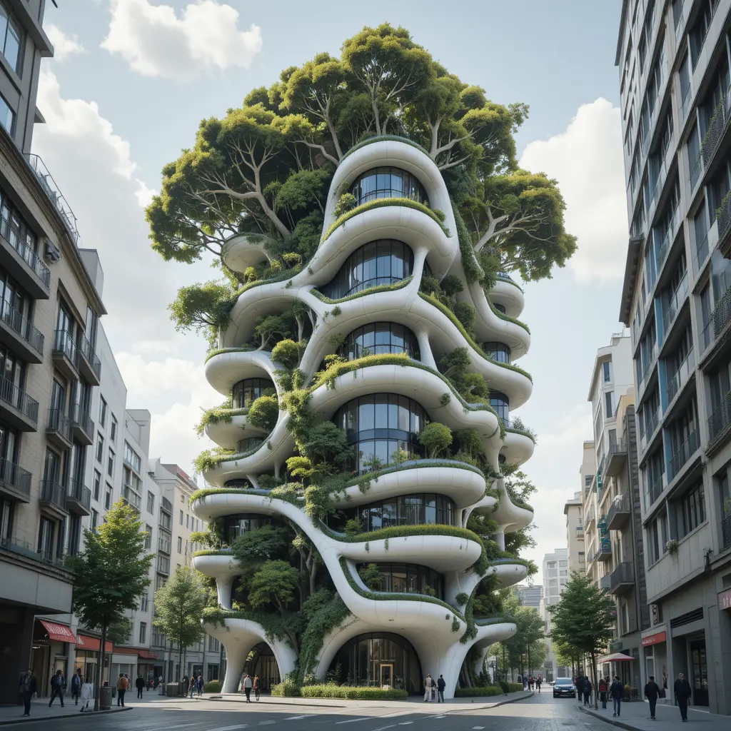 Futuristic building entwined with giant tree in solarpunk city