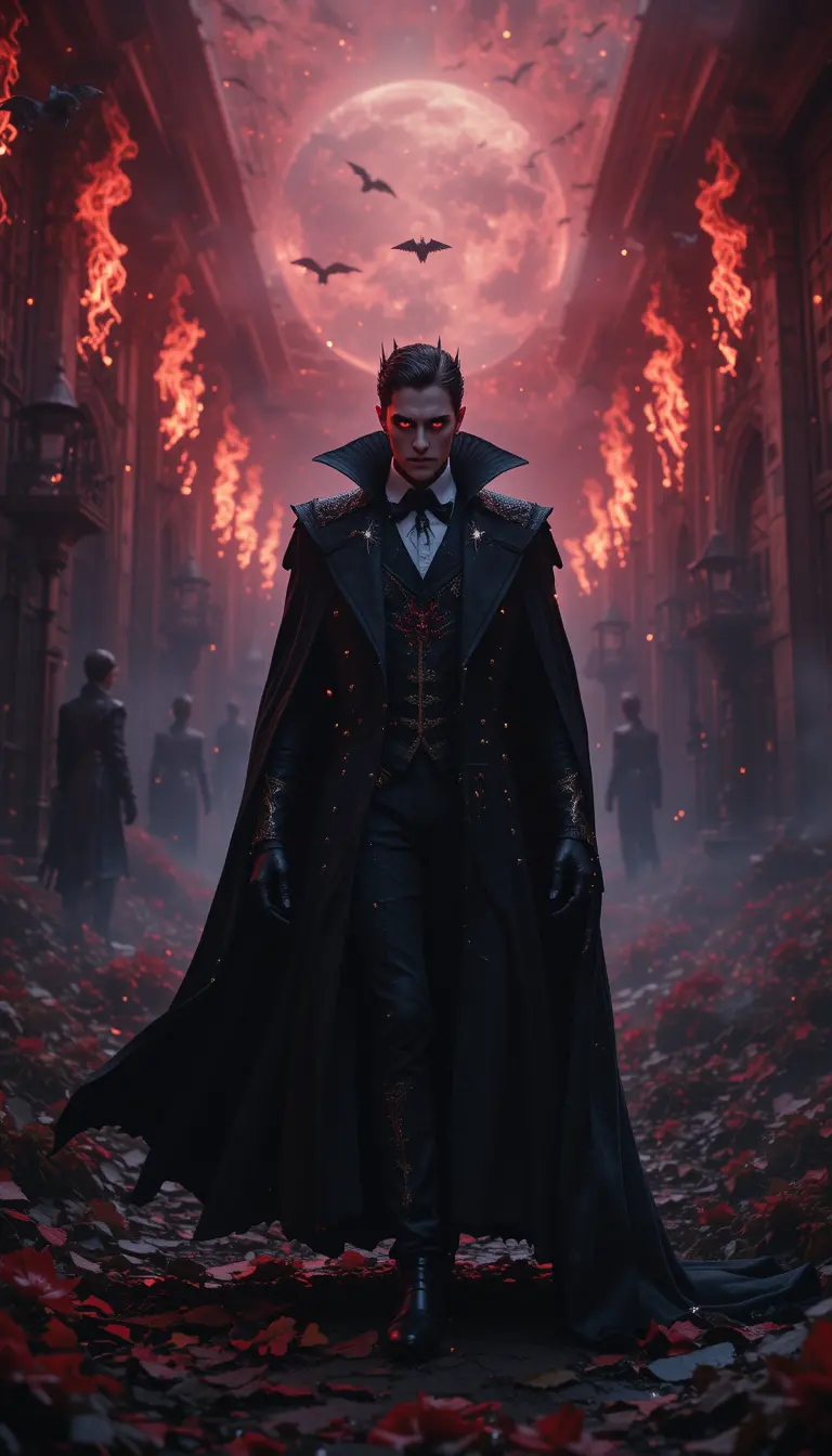 Vampire king with glowing red eyes in eerie night