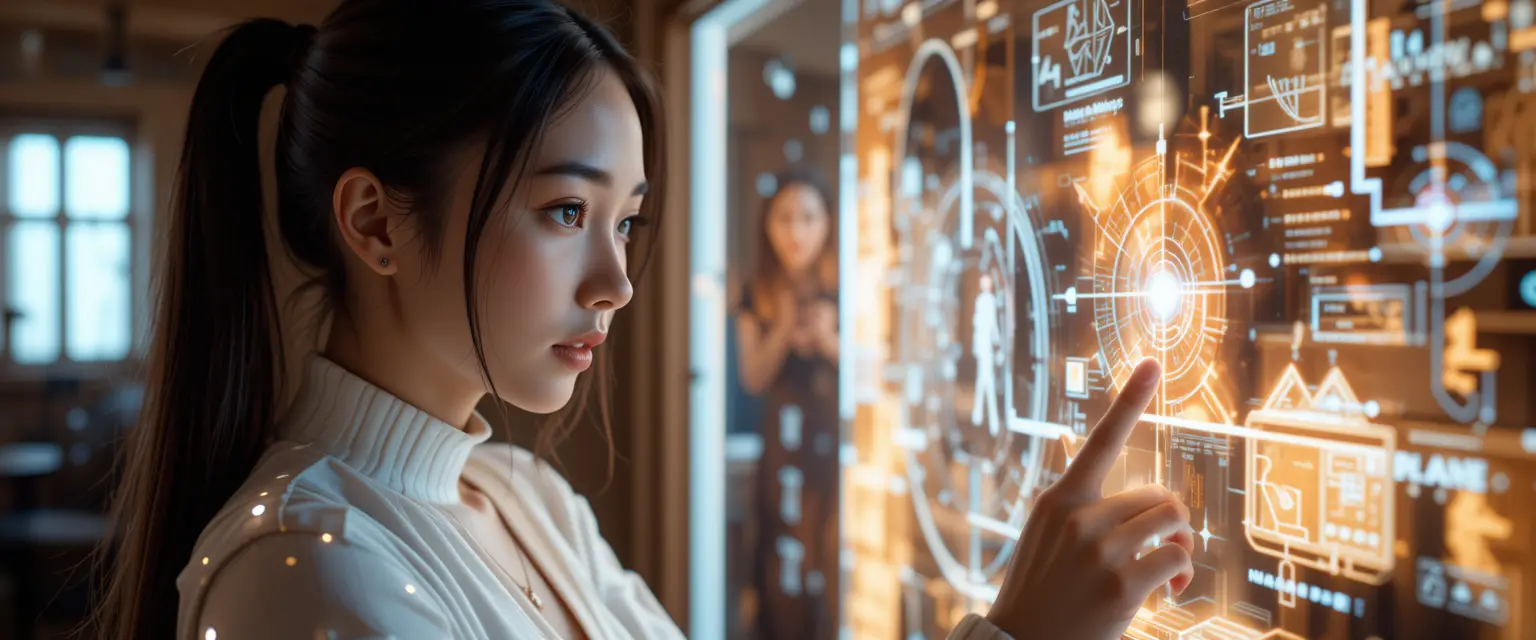 British woman using holographic computer in wooden interior