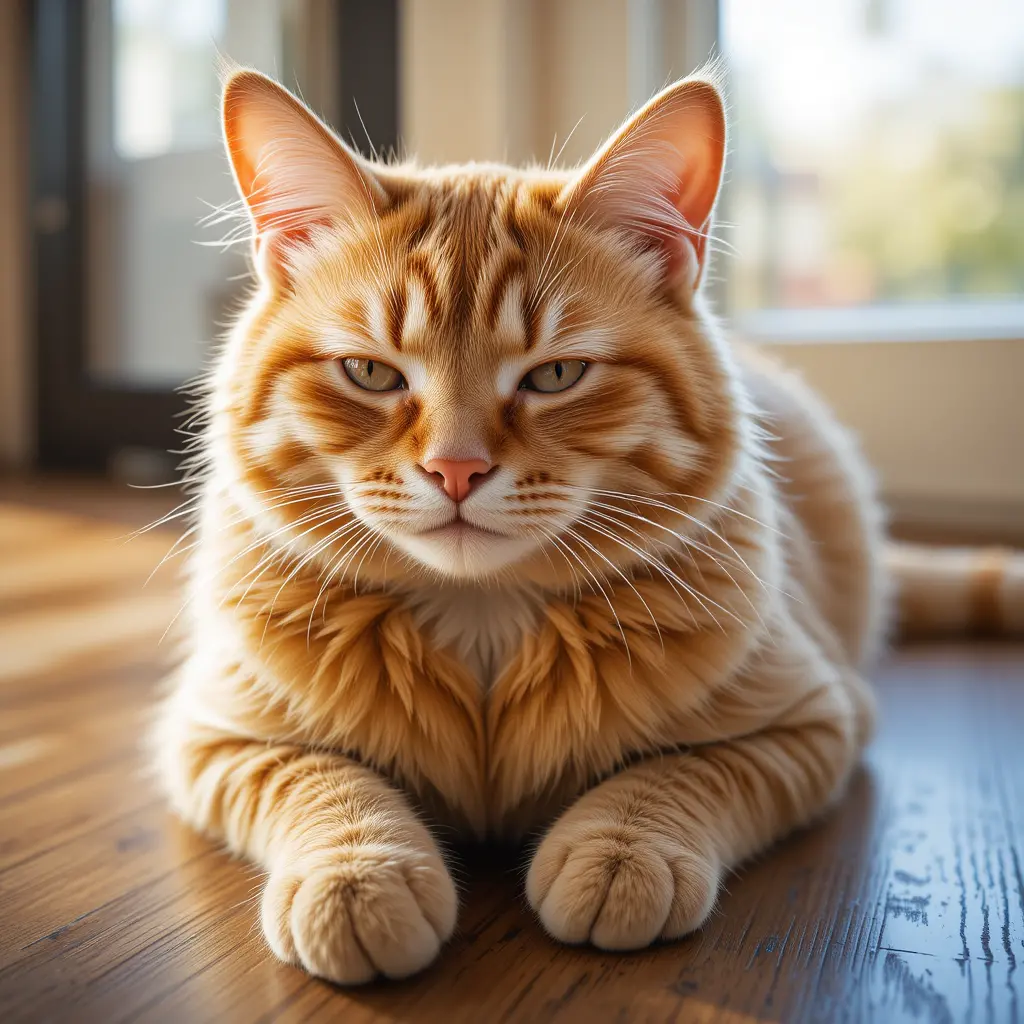Peaceful orange tabby cat loafing on wooden floor