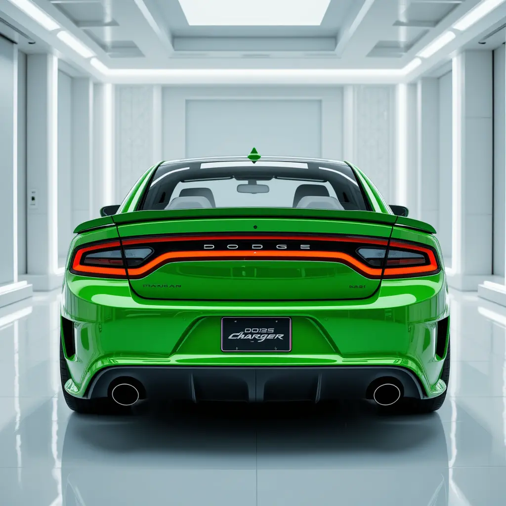 Green futuristic muscle car in a bright white showroom