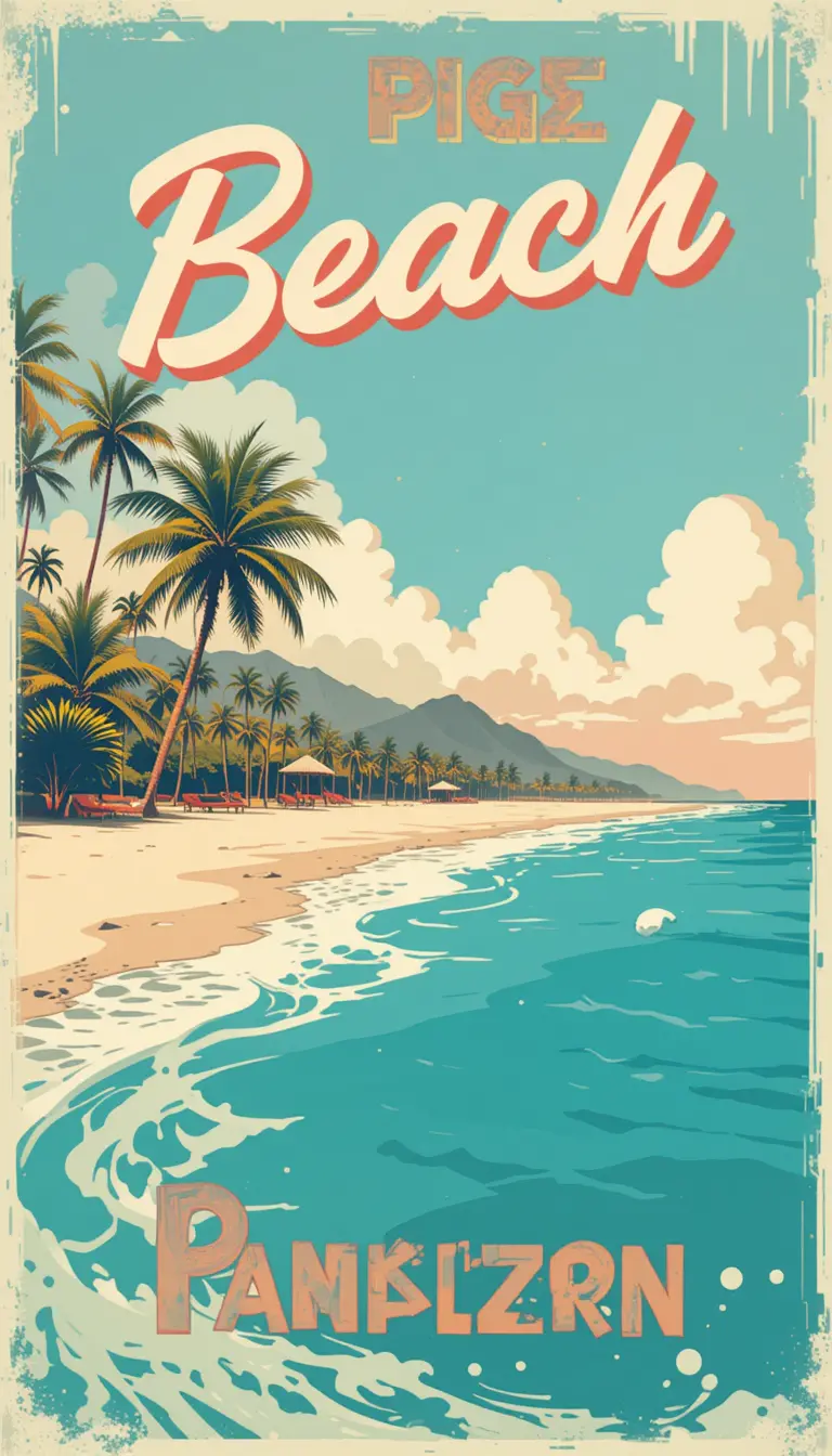 Vintage beach travel poster with pastel coastal scene