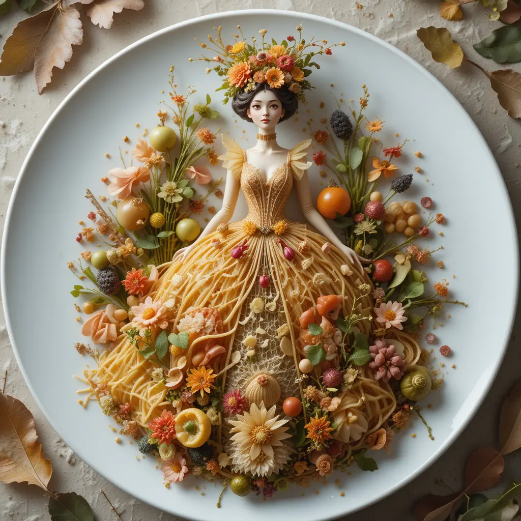 Surreal culinary sculpture on a white plate with miniature figure