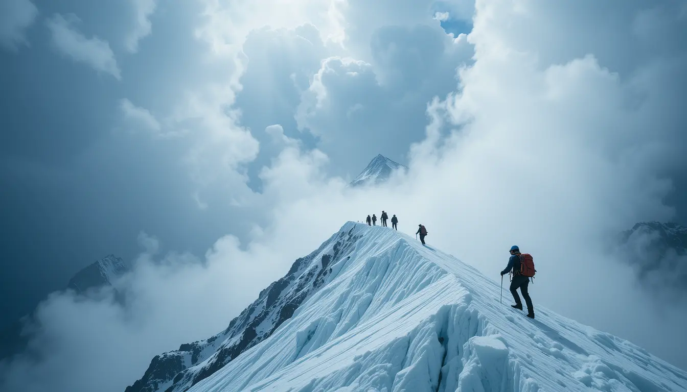 Mountaineers crossing a glacier on stormy Mont Blanc
