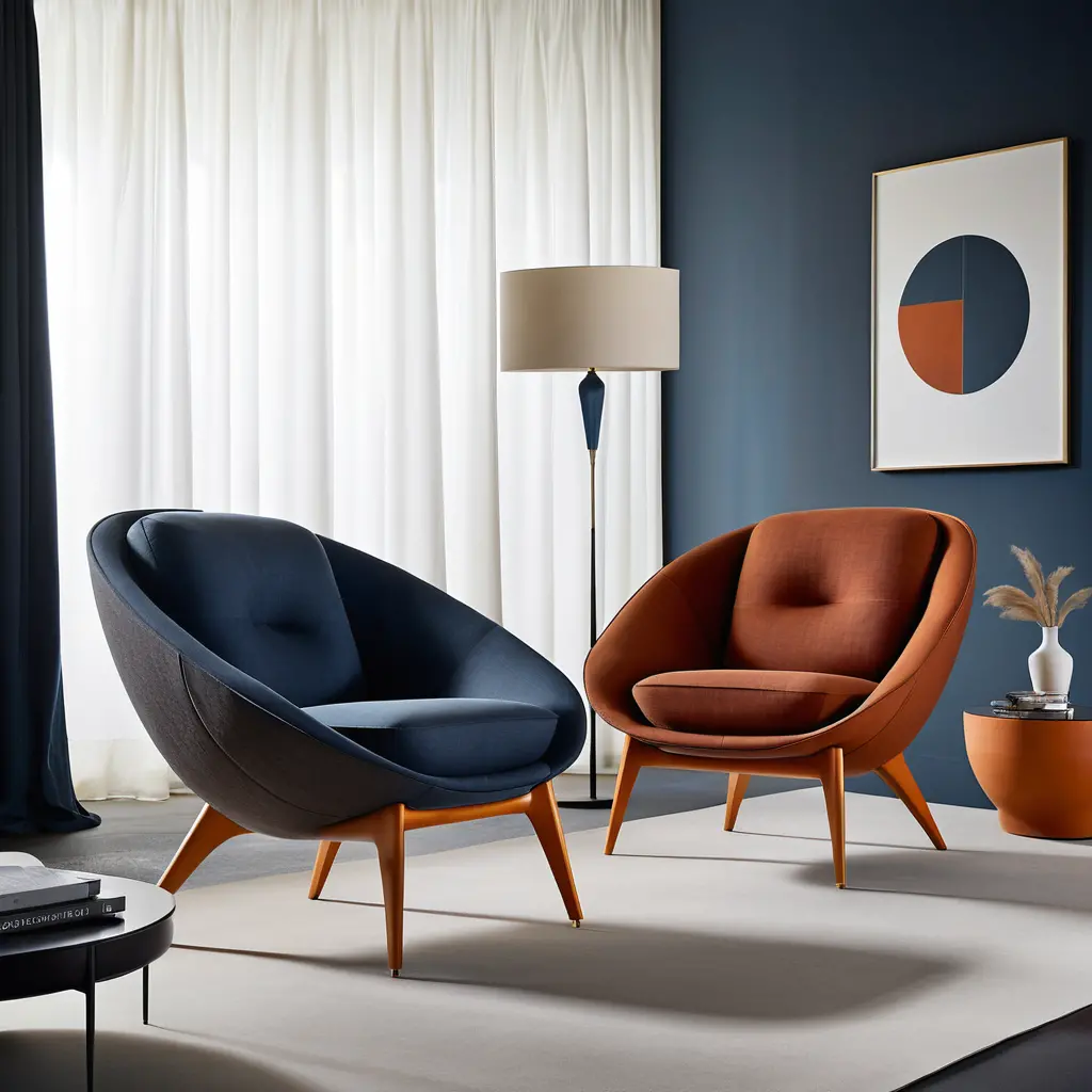 Poltrona moderna in tessuto color ruggine con design curvo contemporaneo