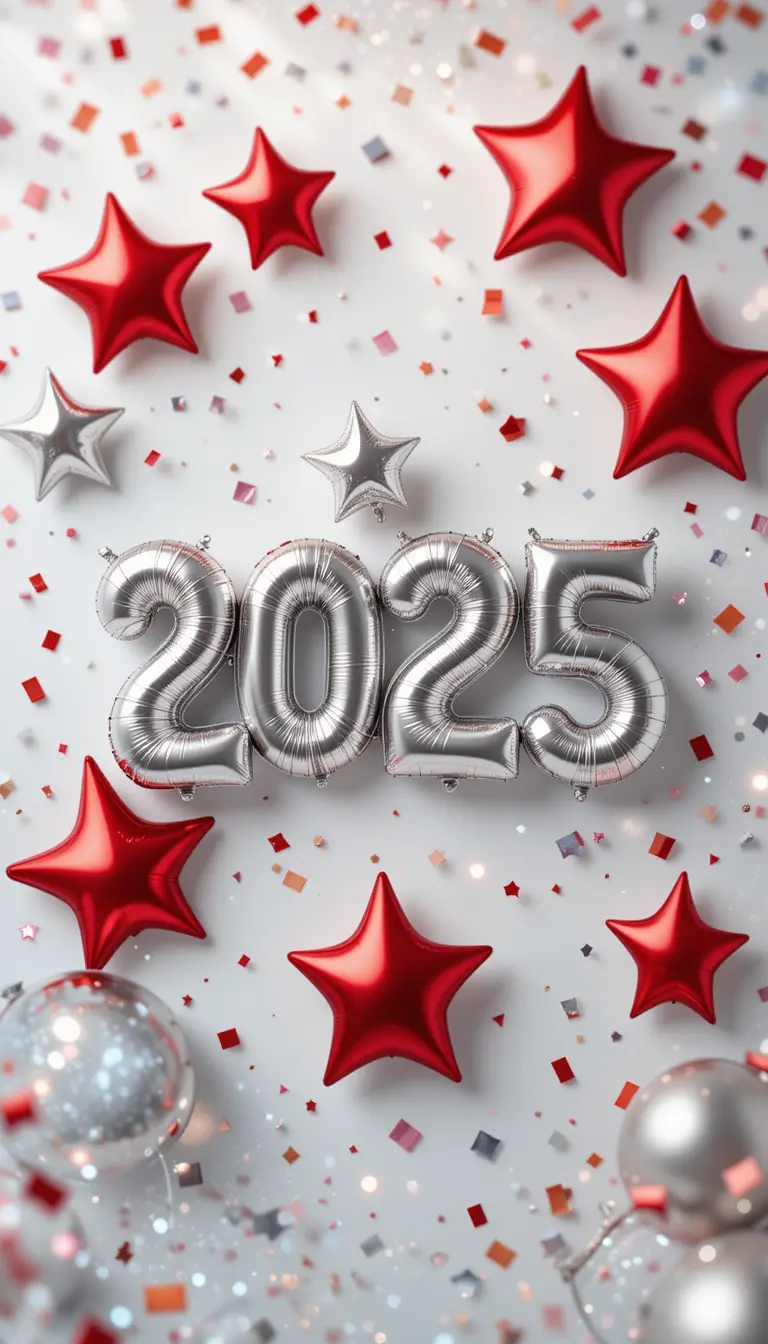 Silver 2025 balloon numbers with festive stars and confetti