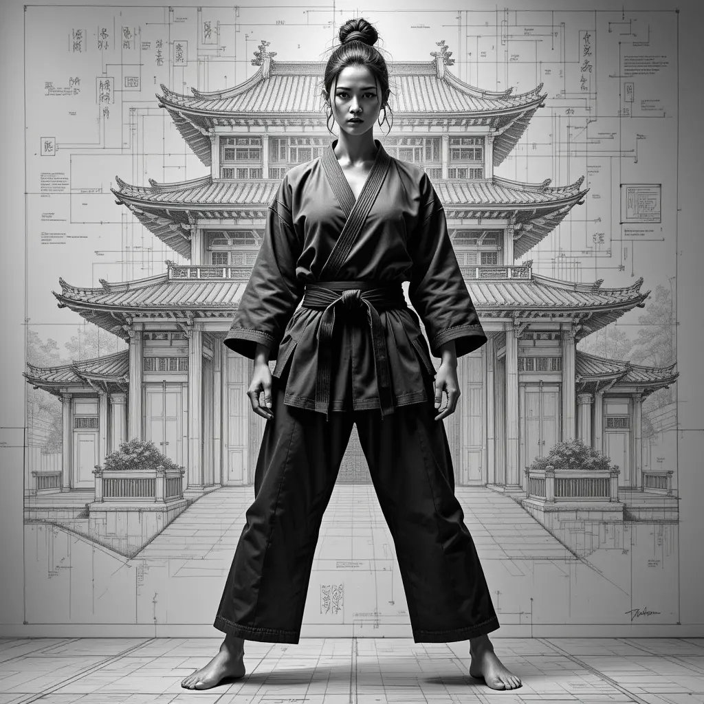 Pencil drawing of a female judoka in a dojo interior