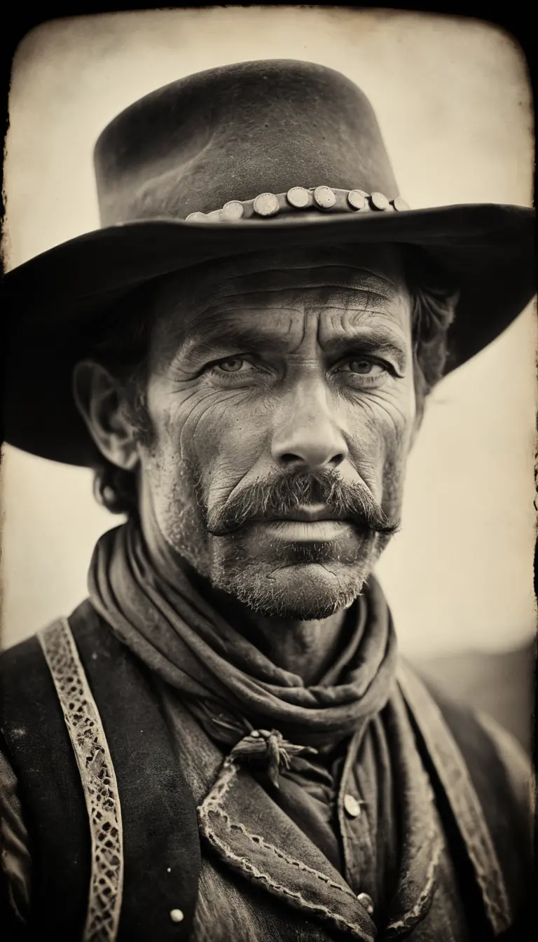 Tintype style portrait of a rugged american cowboy