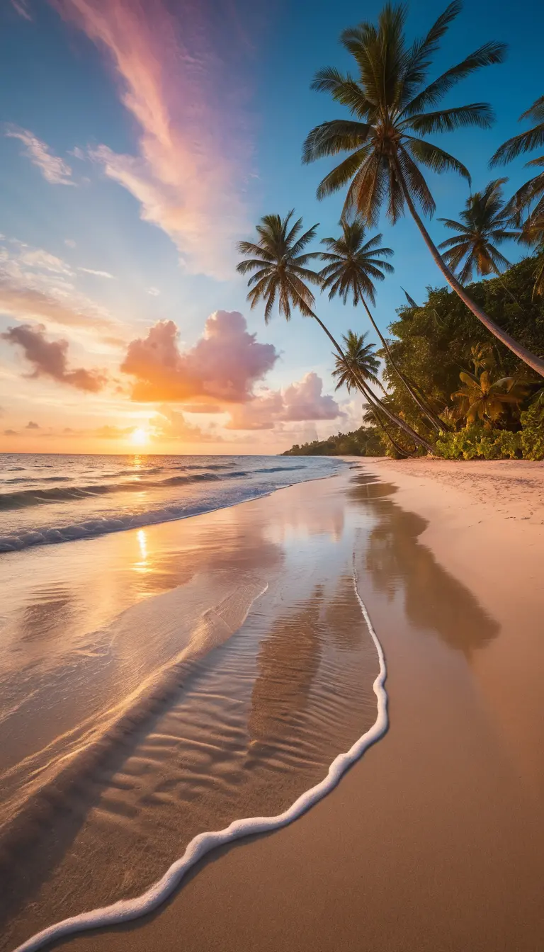 Tropical beach sunset with palm trees and golden sand