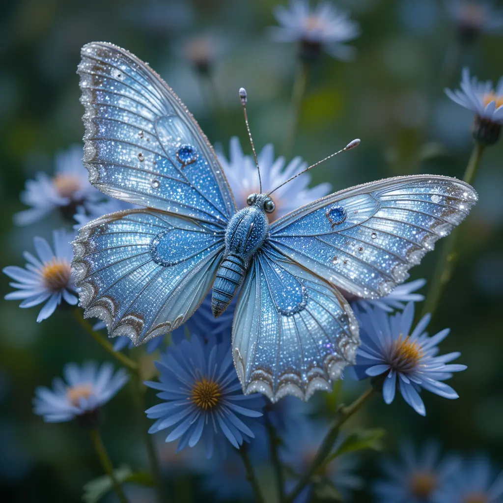 Porcelain butterfly with blue winter asters and glowing glitter
