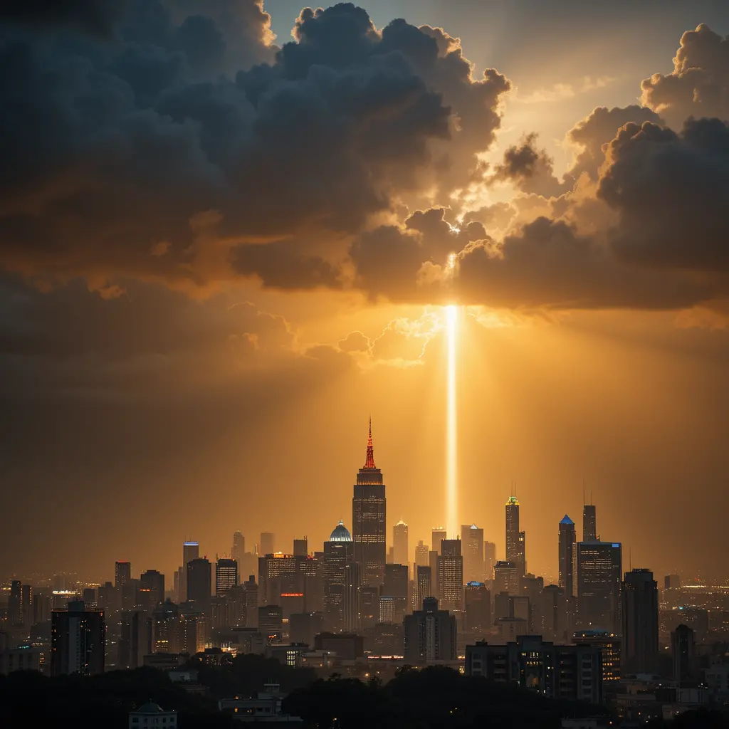 Cinematic city skyline at dusk with dramatic divine light