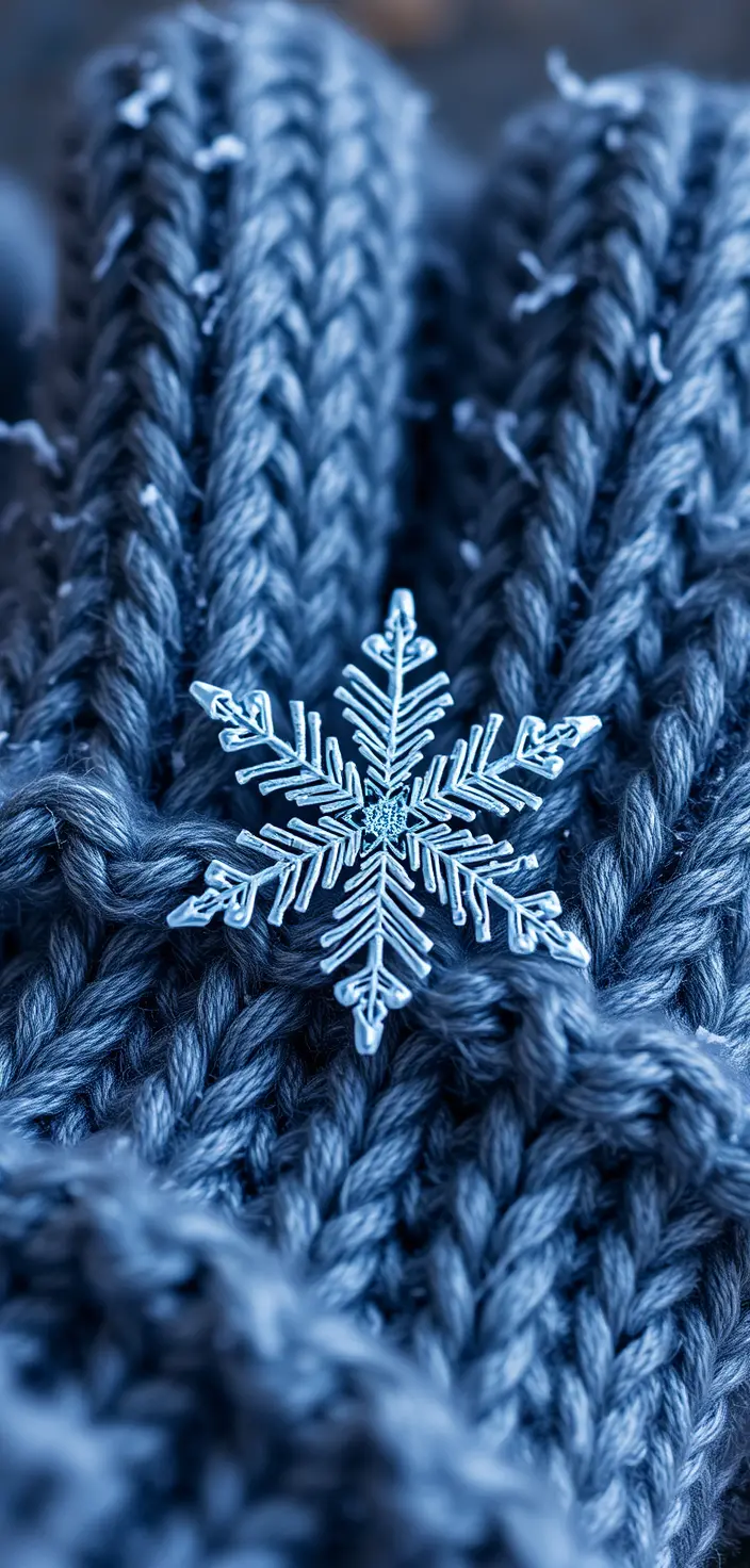 Delicate snowflake on a warm woolen glove close up