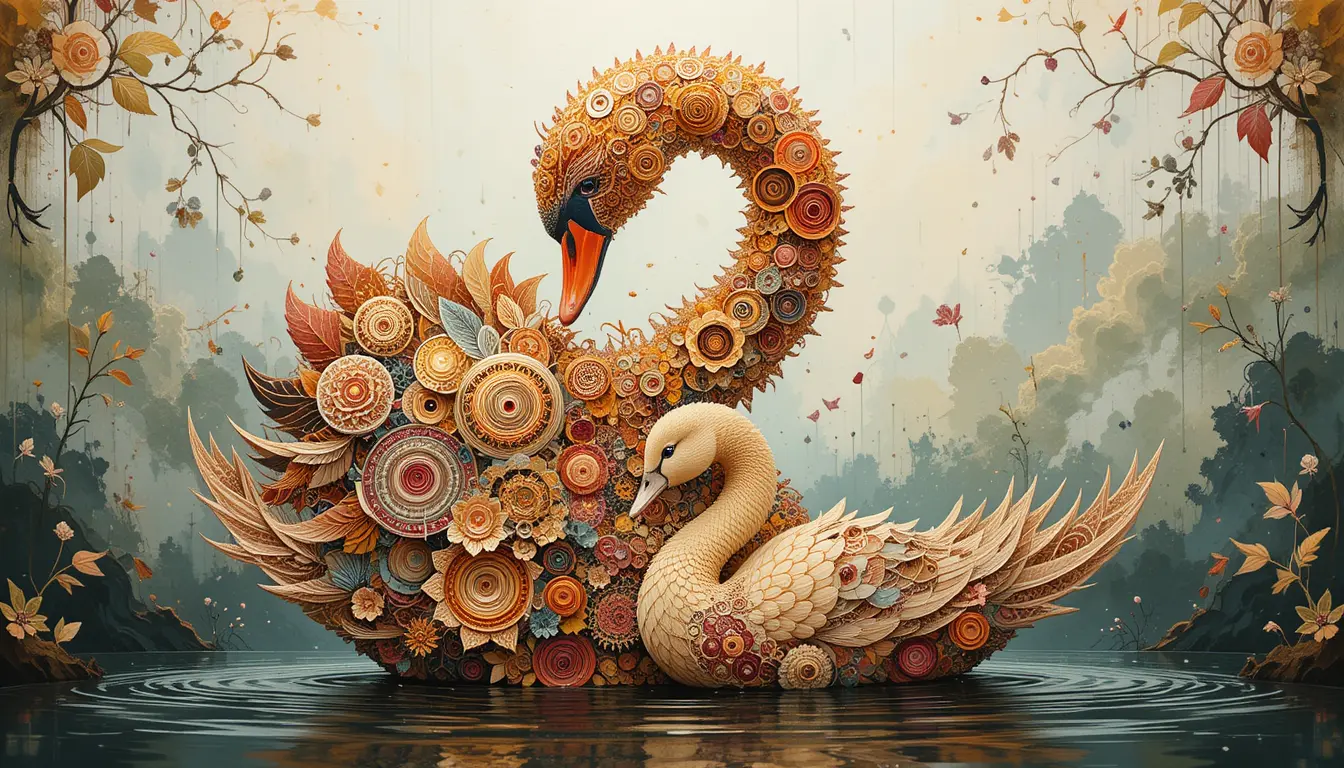 Mandala swan and baby in colorful abstract collage
