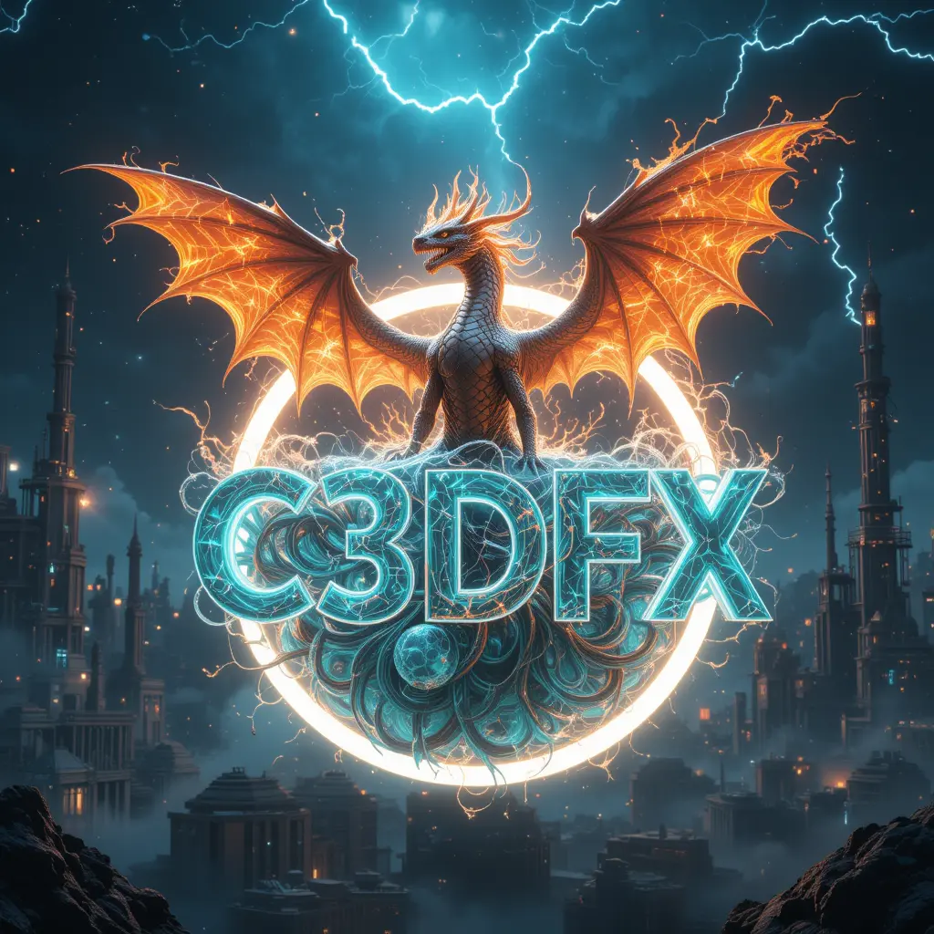 Futuristic C3DFX logo glowing in a cosmic sci fi city