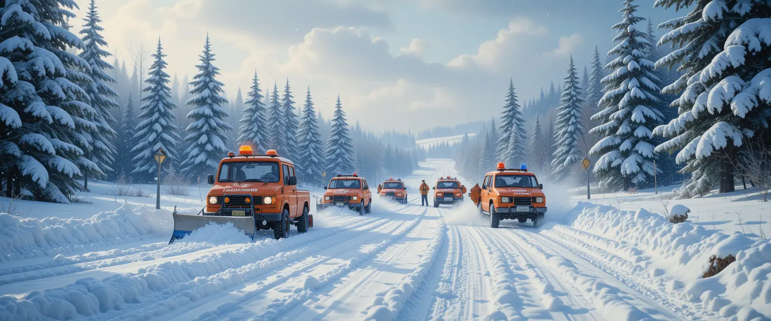 Winter road patrol helping cars in deep falling snow