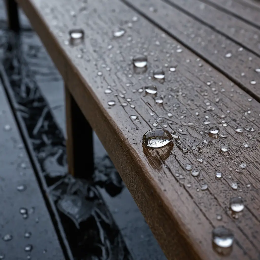 Rain droplets falling softly on a solitary park bench