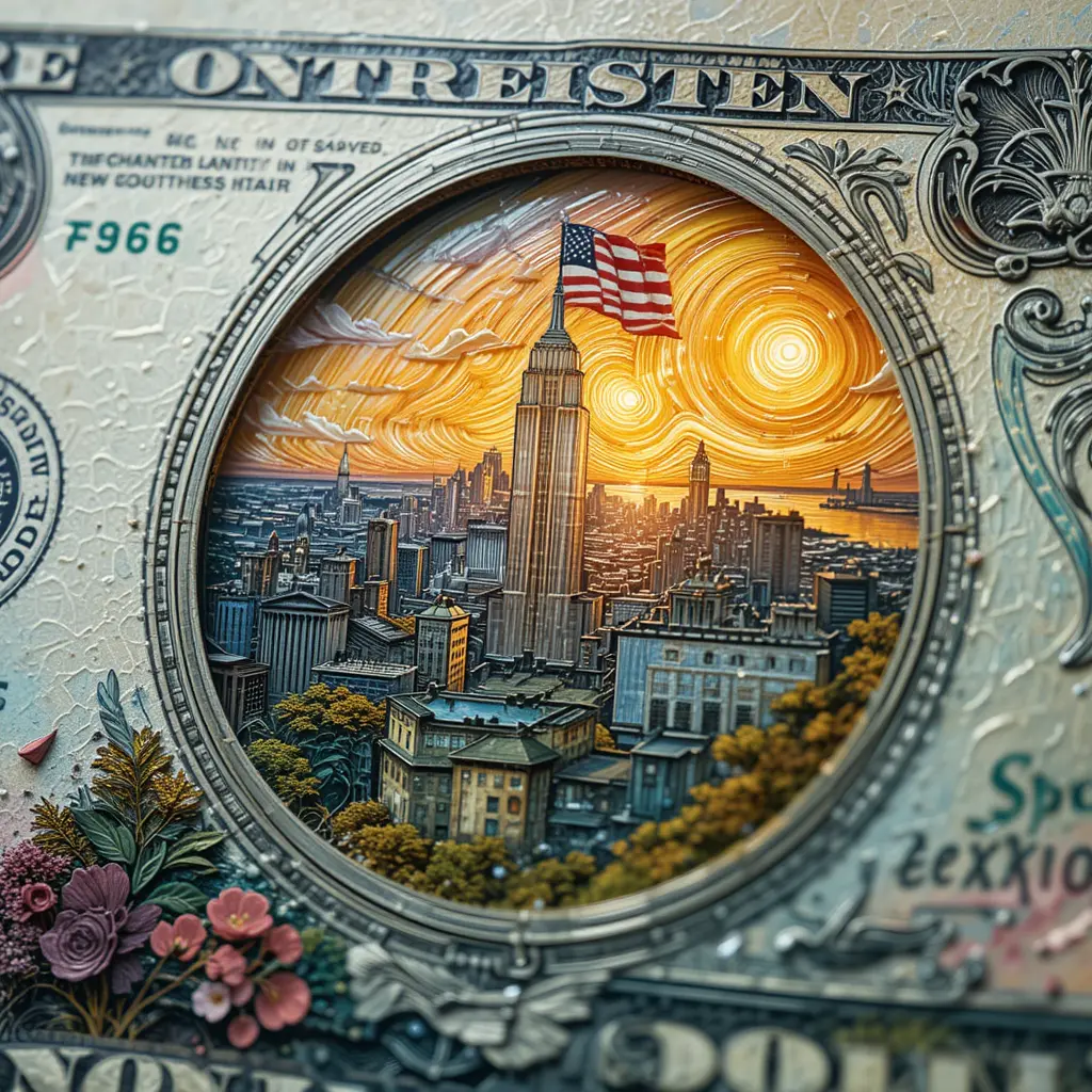 Surreal close up dollar bill with city and flag