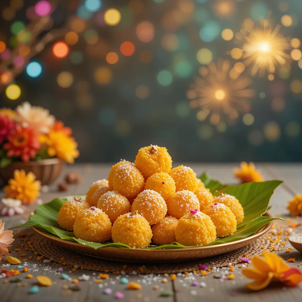 South Indian sweets on banana leaf with festive decor