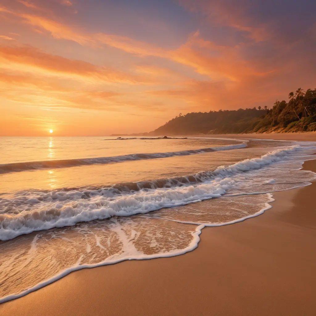 Tranquil beach shoreline glowing under warm sunset sky