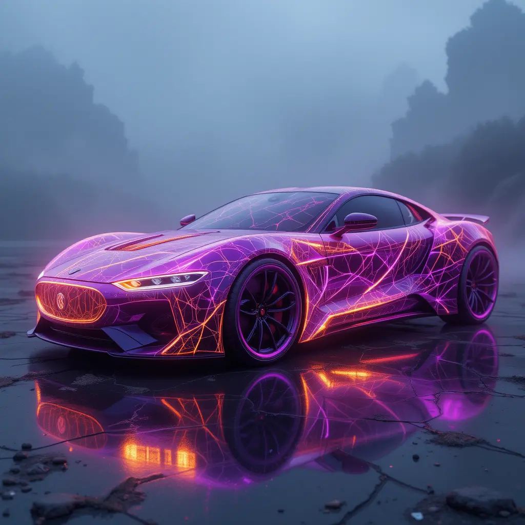 Futuristic luminous car with glowing glass like body