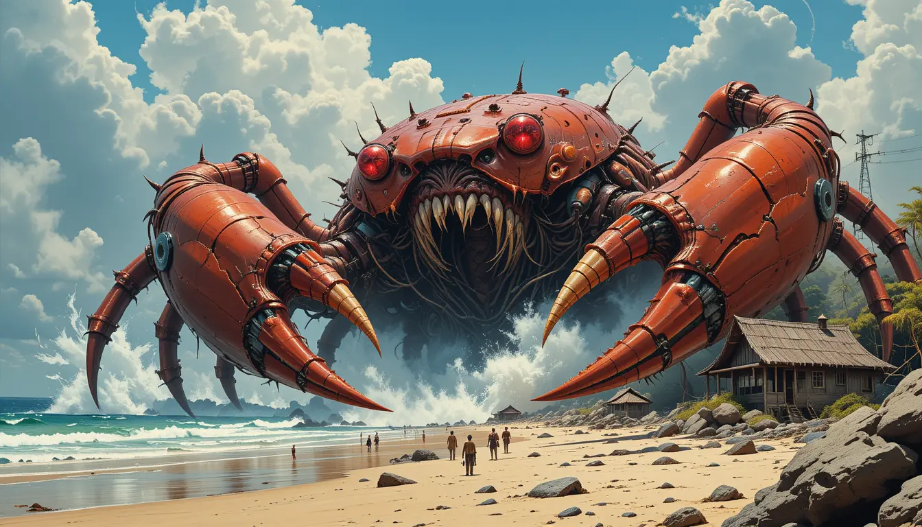 Giant Cyborg Crab Monster Attacking Village On Beach