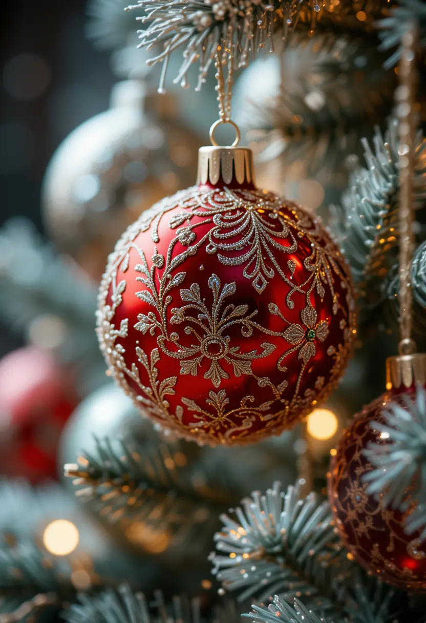 Macro close up of sparkling christmas tree ornaments