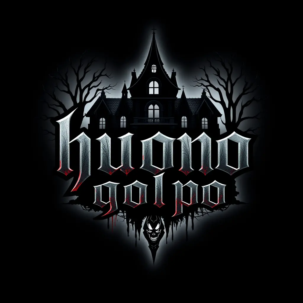 Gothic haunted mansion logo with eerie bloody typography