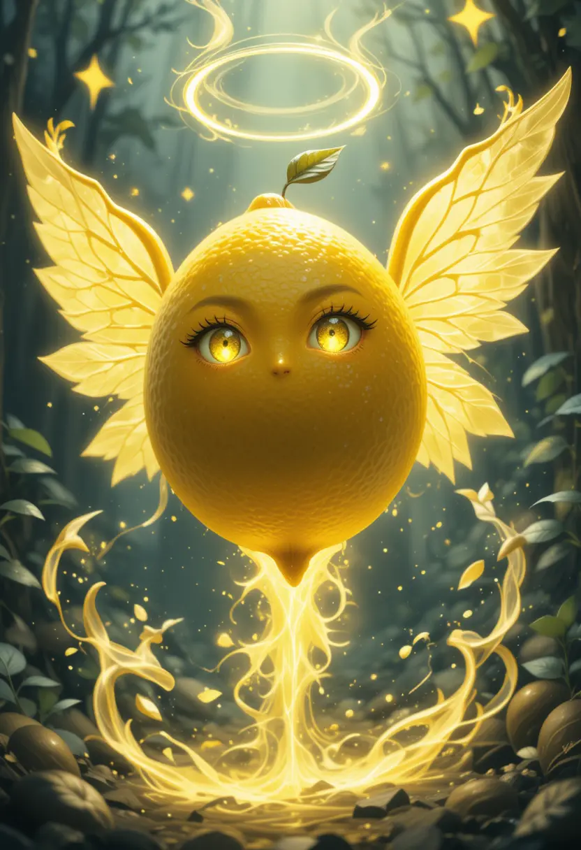Anime lemon spirit with wings and expressive eyes