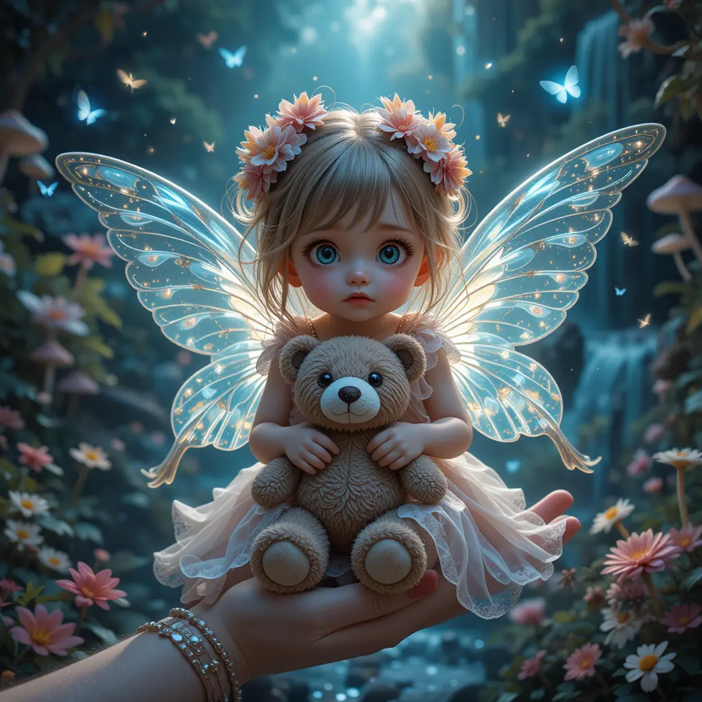 Crying winged child with teddy bear in fantasy garden