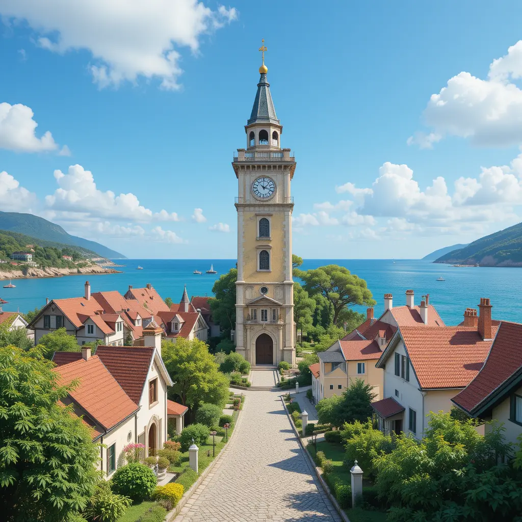 Coastal village with central clock tower and ocean view