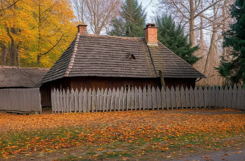 Old shingle house with fence in natural countryside setting