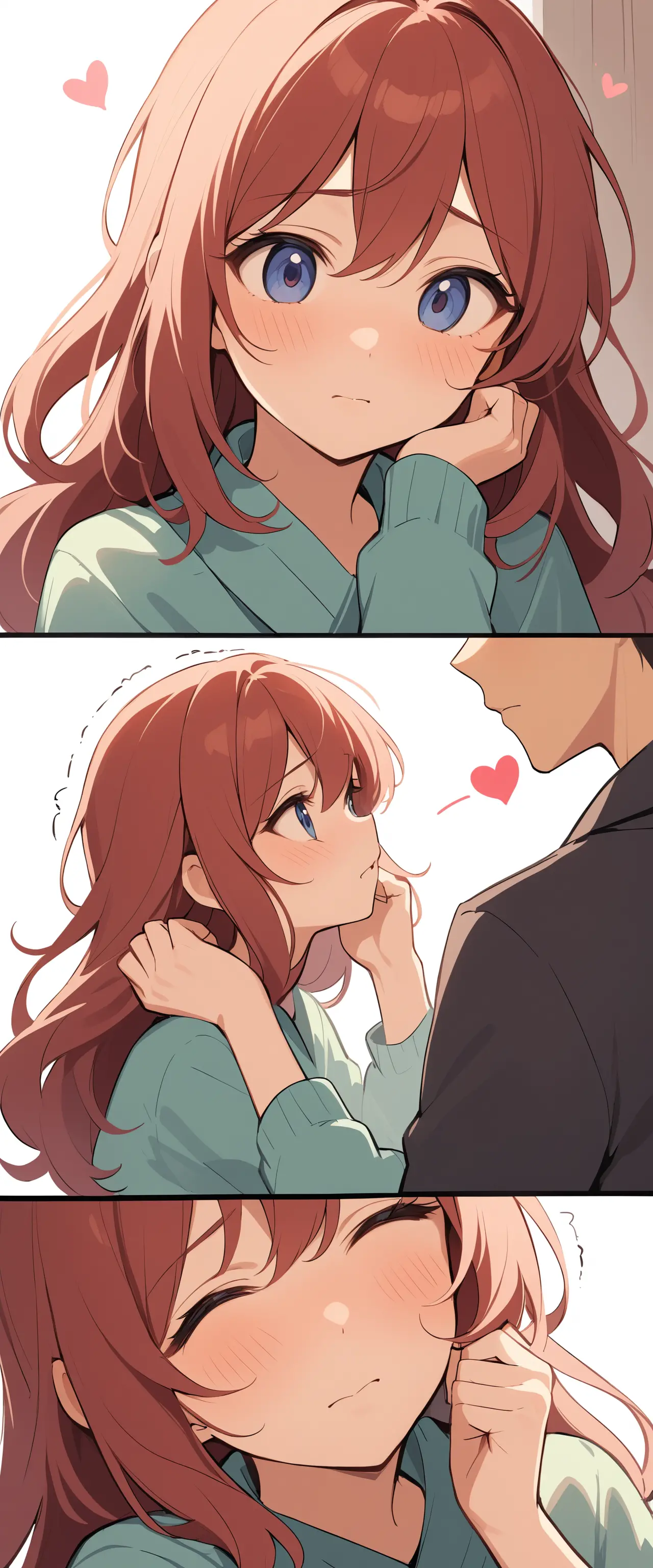 Shy girl blushing as a gentle hand brushes her hair