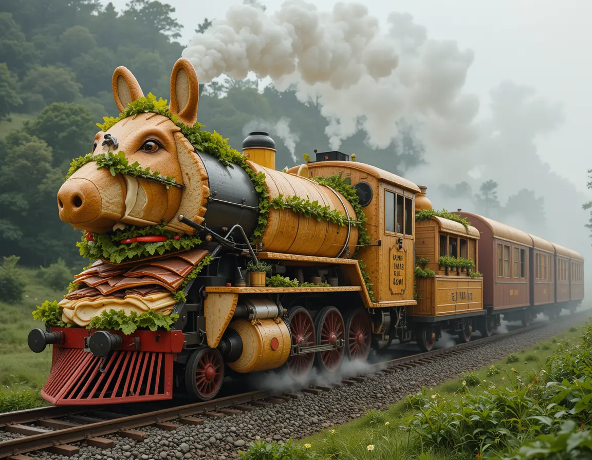 Surreal Steam Train With Horse Engine And Sandwich Carriages