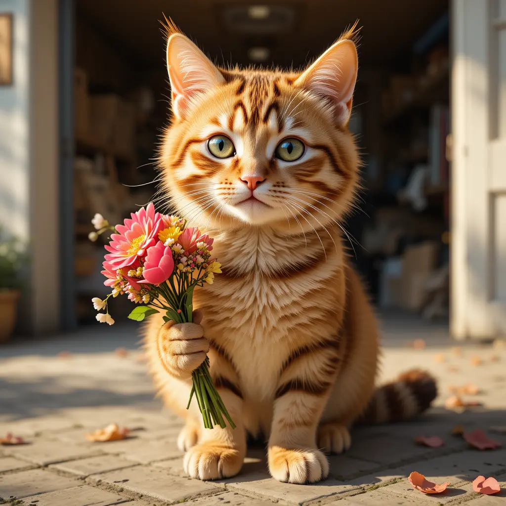 Gatto tigrato marrone carino che tiene un bouquet di fiori