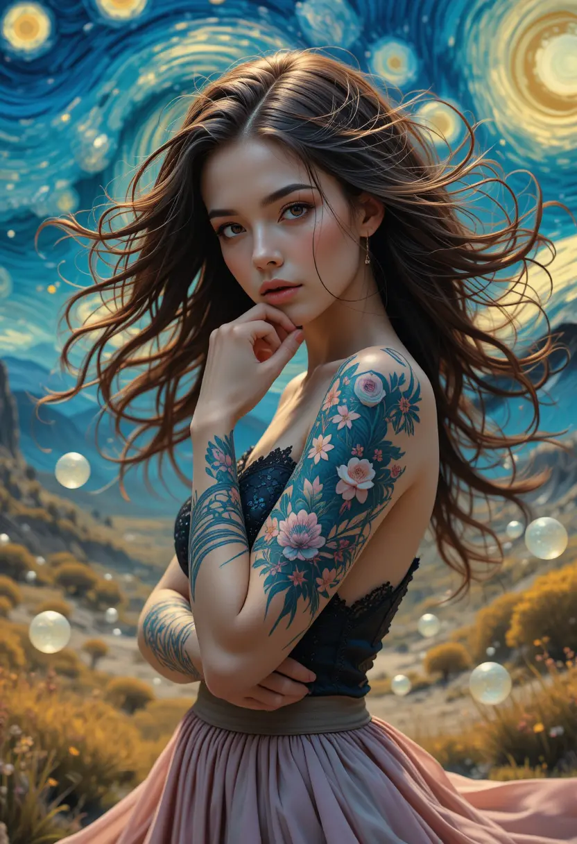 Surreal woman with tribal tattoos in a starry night sky