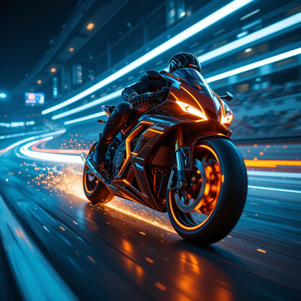 Futuristic motorcycle racing through glowing sci fi racetrack