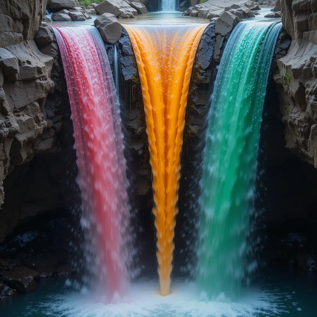 Colorful fantasy waterfalls merging into a stone well