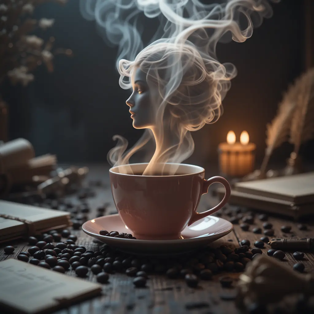 Mystical coffee cup with swirling smoke forming a face