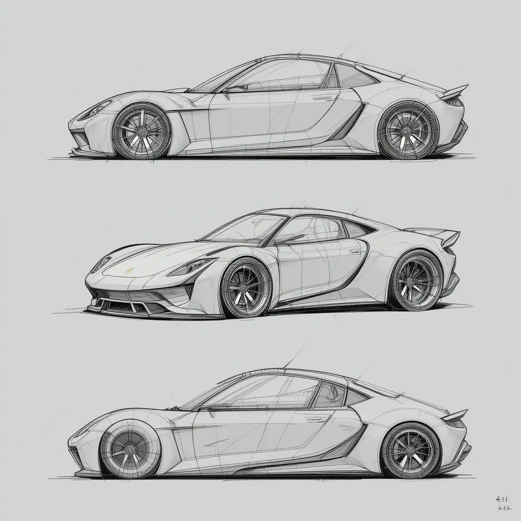 Futuristic Porsche car line sketches from multiple angles