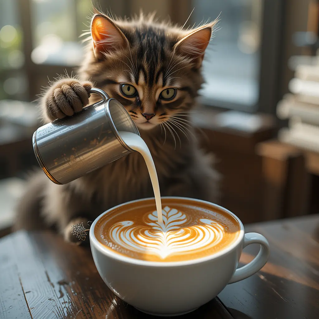 Cat pouring milk into intricate latte art portrait