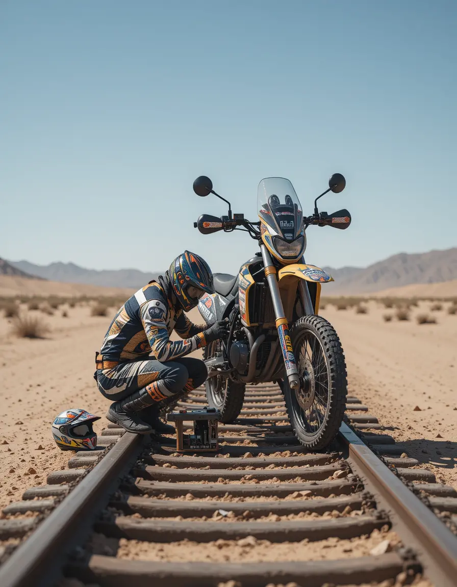 Motorcyclist Repairing Bike On Desert Railway Tracks