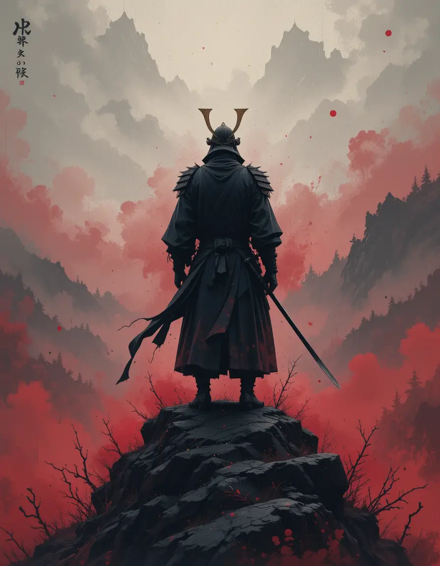 Lone samurai overlooking a misty mountain lake at dusk