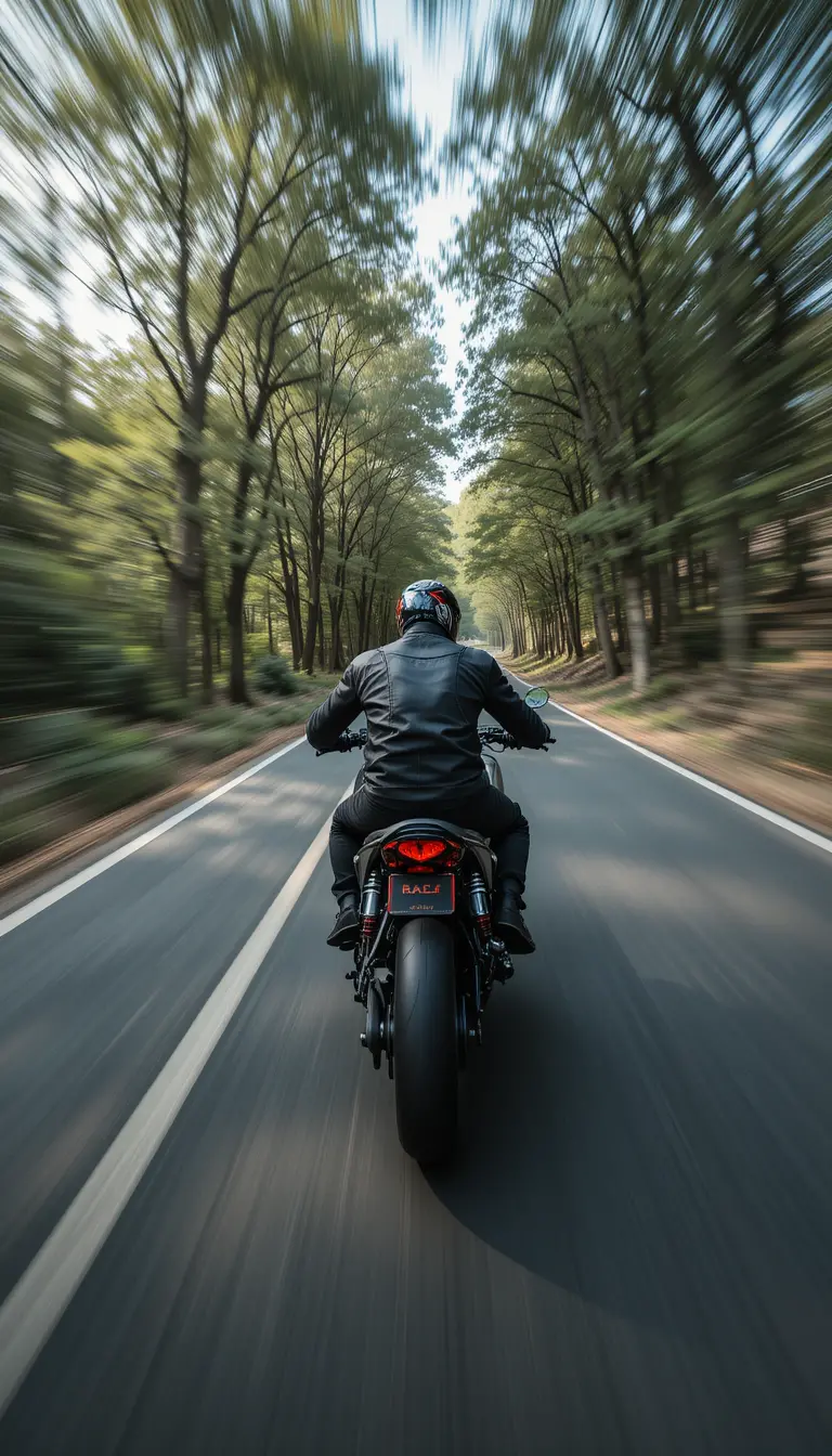 First person biker racing along a tree lined country road