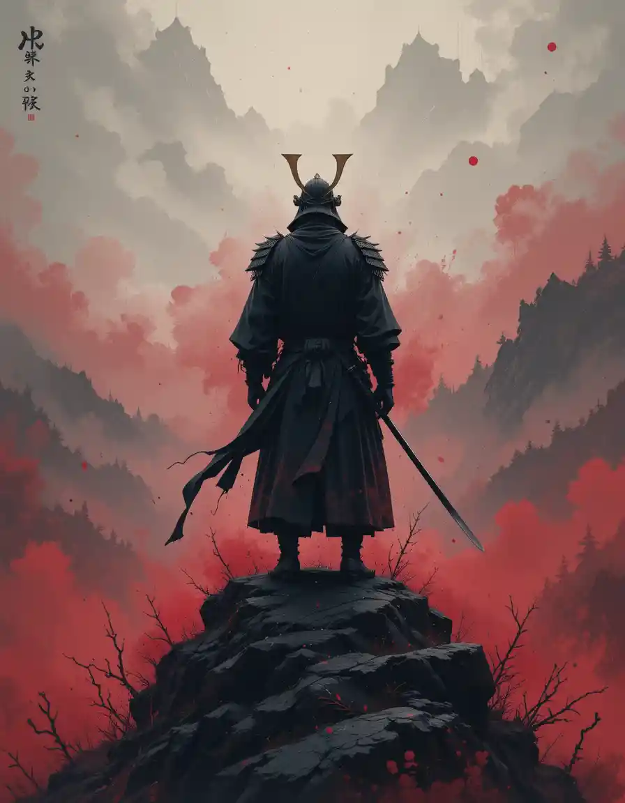 黃昏時俯瞰迷霧山中湖泊的孤獨武士