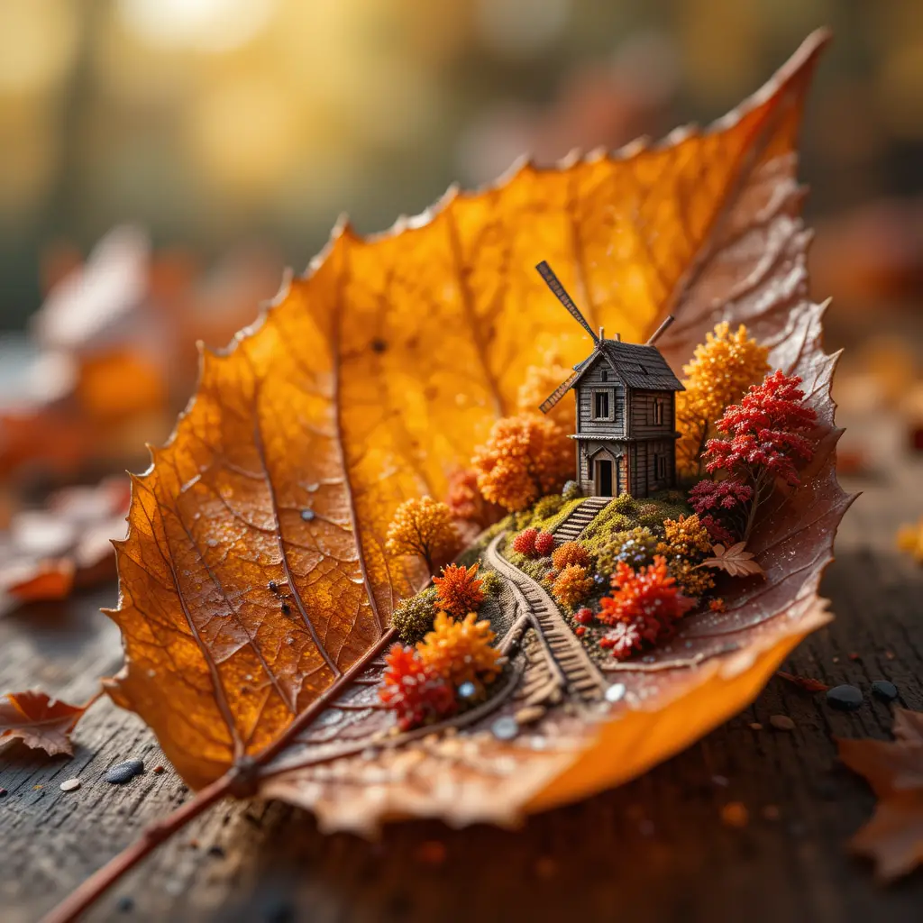 Close up autumn leaf with miniature landscape painting