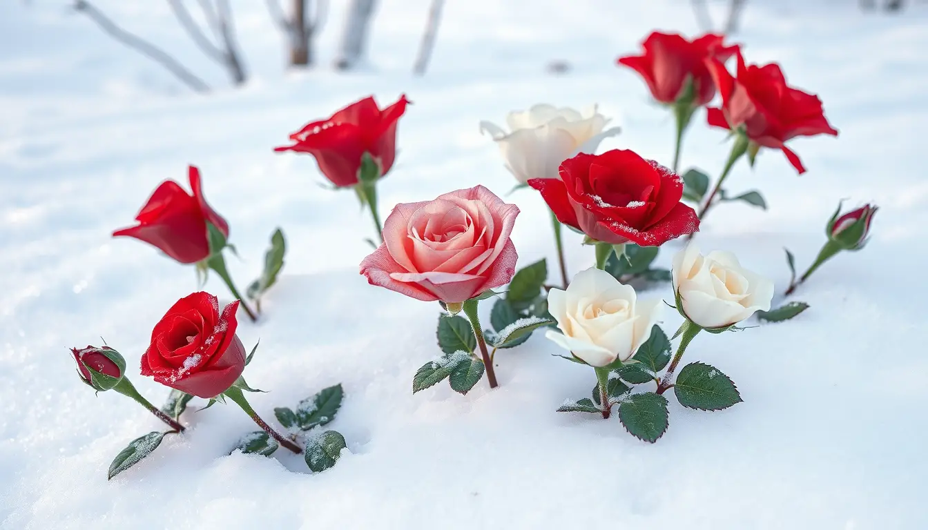 Red And White Roses Blooming In Winter Snow