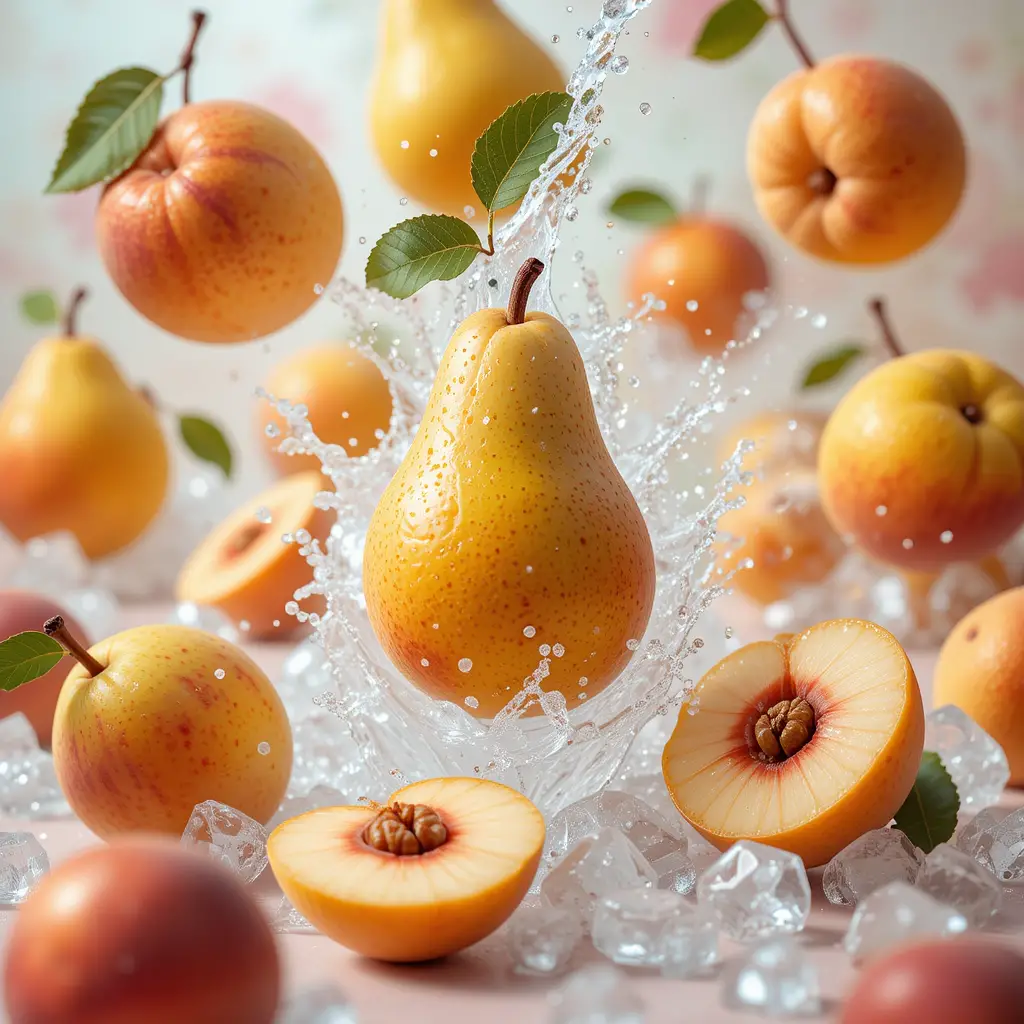 Fresh pears and peaches splashing in icy water