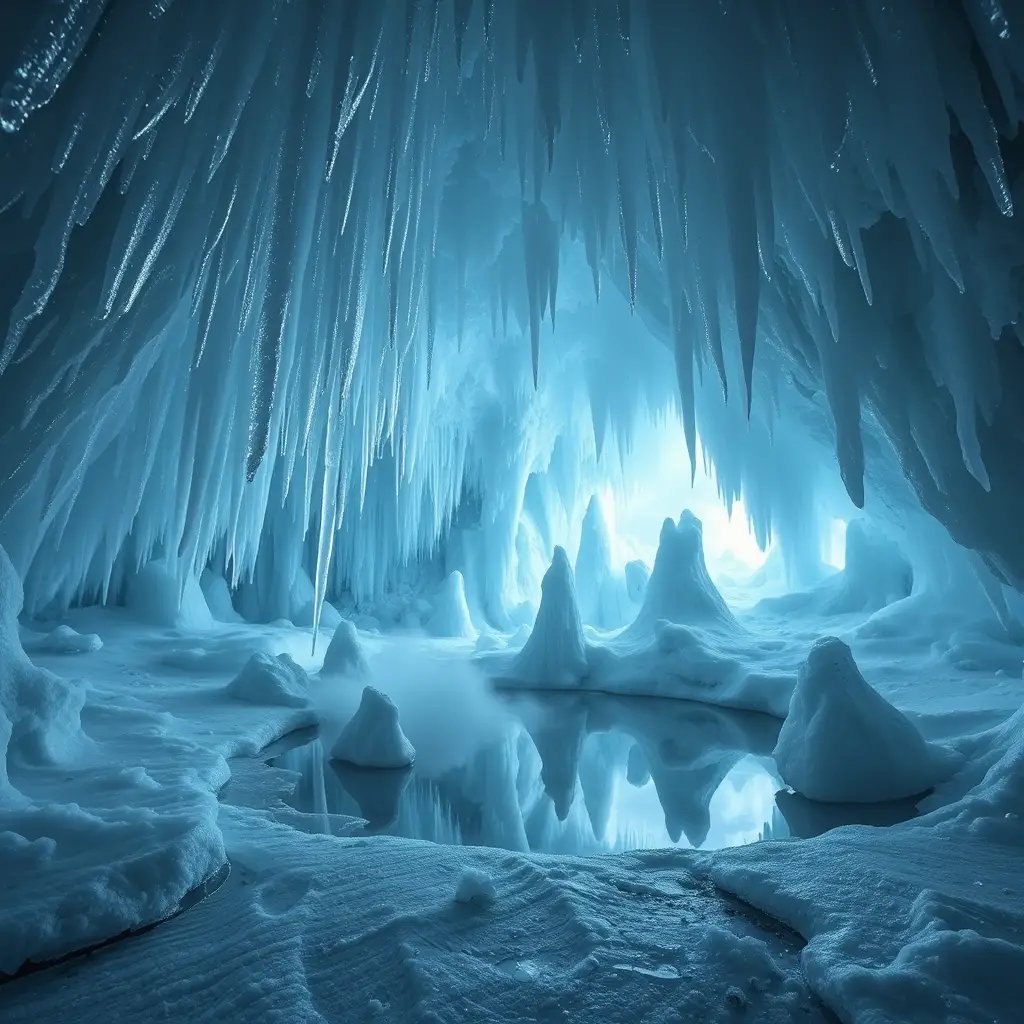 Surreal Ice Cave With Glowing Blue Crystals And Still Pool