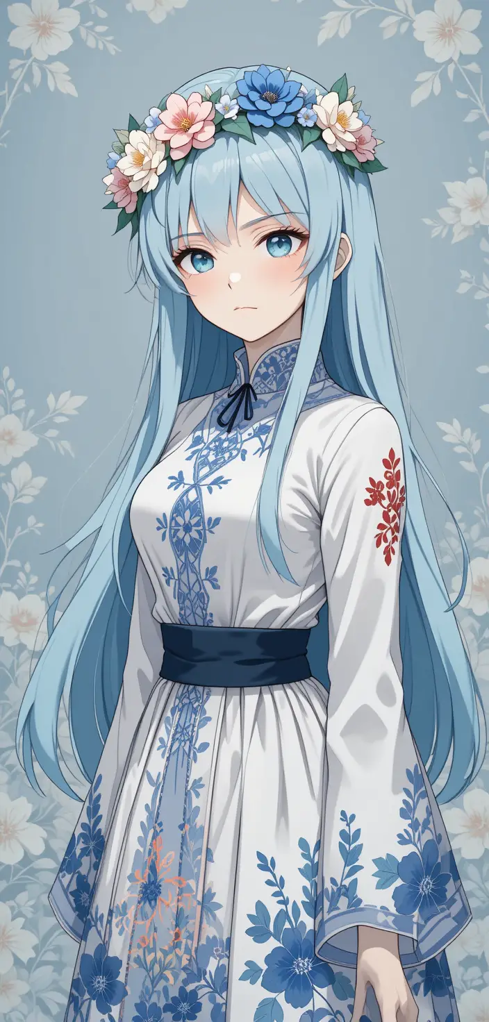 Anime girl with blue hair and floral crown portrait