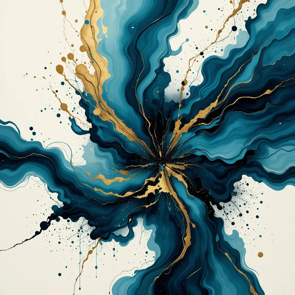 Abstract teal and navy fluid art with gold accents